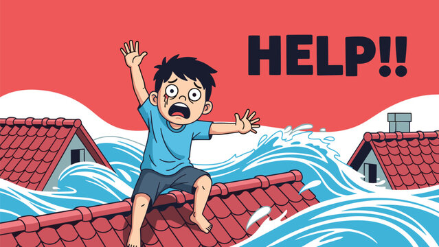Distressed boy trapped on a rooftop during a severe flood disaster calls out for help while surrounded by rising water.
