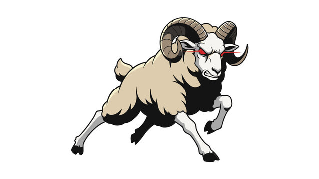 Powerful ram with large curved horns and glowing red eyes charges forward with a fierce and aggressive expression.