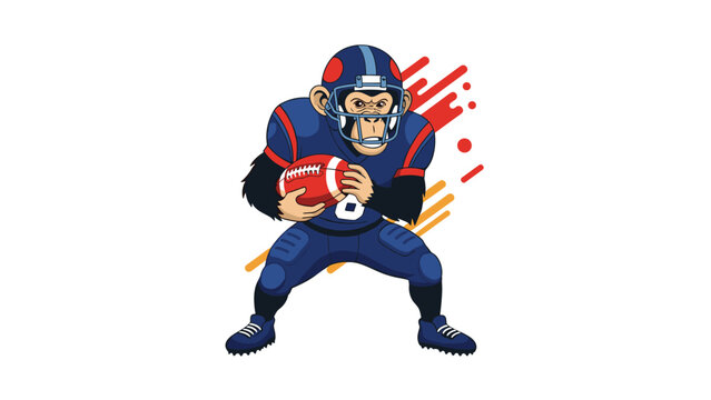 Determined monkey character dressed in a blue American football uniform prepares to throw a ball on a white background.