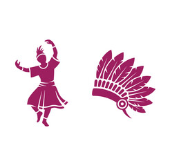 Fototapeta premium magenta silhouette of dancing man and feathered headdress on white background
