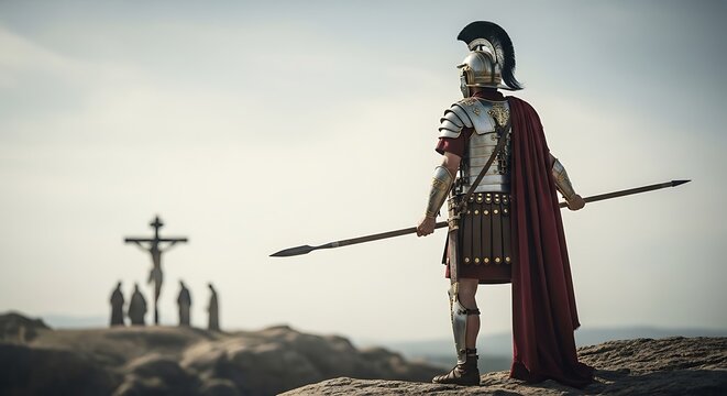 Roman Centurion Guarding Crucifixion Scene on Hilltop at Dusk