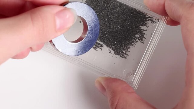 Magnetic field lines experiment using iron filings and blue ring magnet on white background.