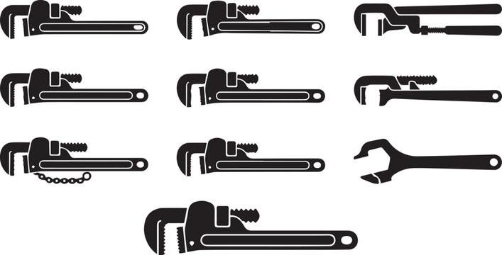 Pipe wrench tool icon set in different positions silhouette vector illustration