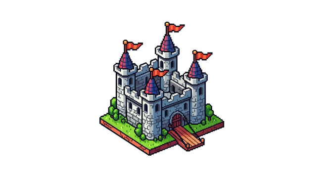 Isometric Medieval Castle Fortress with Flags and Drawbridge.