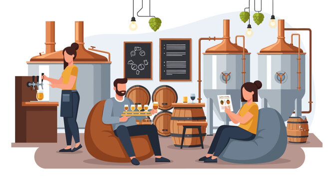 People enjoying craft beer tasting in brewery tasting room.