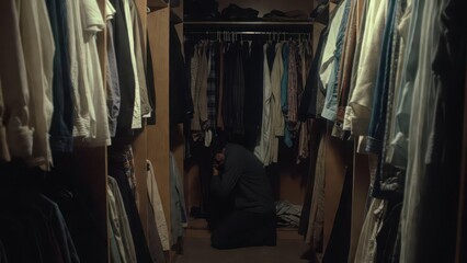 Fototapeta premium Person in Dark Closet Surrounded by Clothes, Expressing Emotion