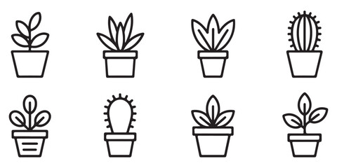 Fototapeta premium Set of Minimalist Potted Plant and Cactus Line Icons for Gardening and Interior Decor