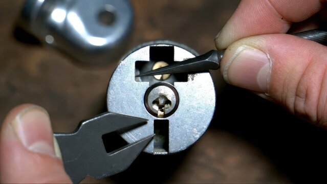 Detailed Close-Up of Hand Using Tools on a Lock Mechanism