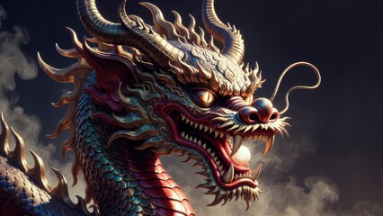 Obraz premium Majestic Dragon Breathing Fire with Colorful Scales and Intense Gaze