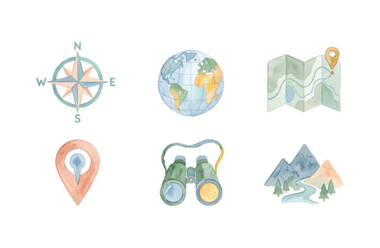 Watercolor Map and Travel Exploration Icon Set