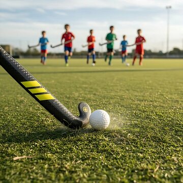 a hockey stick controlling a ball during a field hockey match.