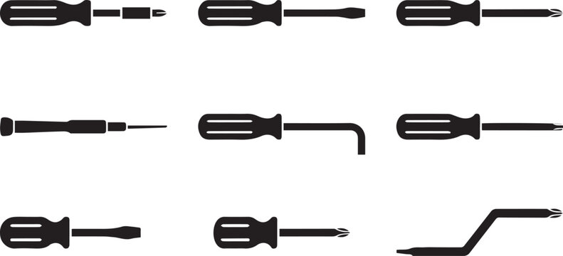 Screwdriver Silhouette Icon Set, Black Vector Symbols of Various Manual Screwdrivers including Flathead, Phillips, and Stubby Tools