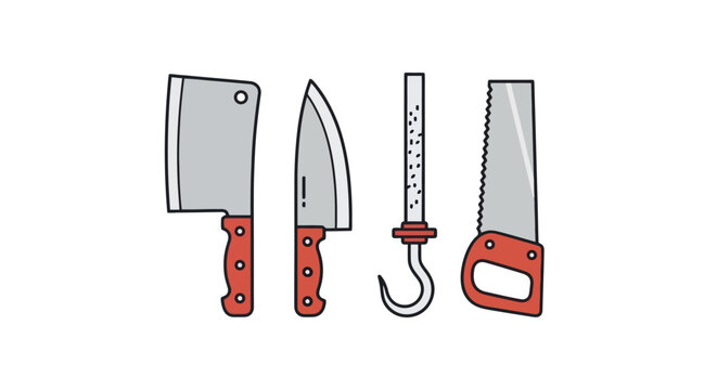 Collection of Butcher Tools Including a Meat Cleaver Chef S Kitchen Knife a Meat Hook and a Saw Presented on a Plain Surface for Food Preparation and Culinary Arts Concepts