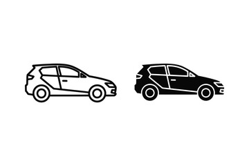 Fototapeta premium Outline and Solid Silhouette of a Compact Hatchback Car Side View Vector Illustration