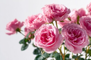 Obraz premium A beautiful bouquet of blooming pink roses, close-up shot of fresh garden flowers isolated on a white background.