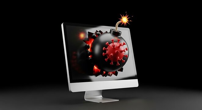 3D rendered computer screen with a bomb shaped like a virus exploding out