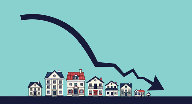 Housing market decline and economic recession are illustrated by a downward trending black arrow over various residential homes.
