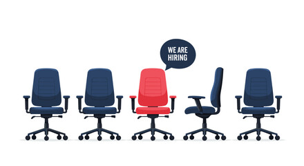 Obraz premium Row of dark blue office chairs features one bright red chair with a hiring speech bubble for recruitment and job openings.