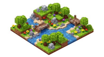 Fototapeta premium Isometric Pixel Art Nature Landscape with River and Bridges.