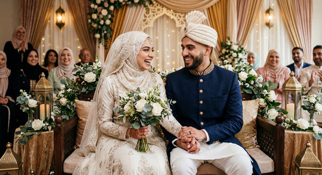 Muslim Couple in Traditional Wedding Attire Sitting at Nikah Ceremony with White Rose Bouquet and Gold Decorated Stage