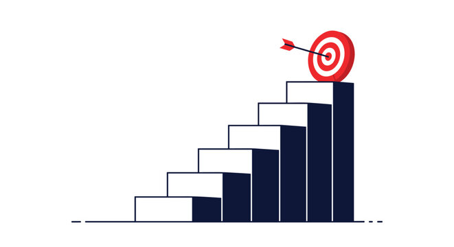 Set of stairs leads upward to a target bullseye representing a step-by-step approach to achieving success and goals.