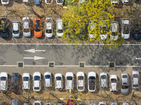 Aerial view of cars parked in neat rows along a road with directional arrows and autumn trees in Hsinchu, Hsinchu City, Taiwan.
