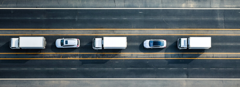 An overhead view captures multiple white trucks and cars driving on a multilane highway under bright daylight conditions