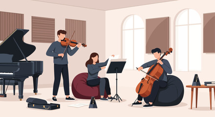 Fototapeta premium Musicians practicing classical music in a studio setting.