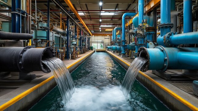 Water cascades from metal pipes into a concrete trench