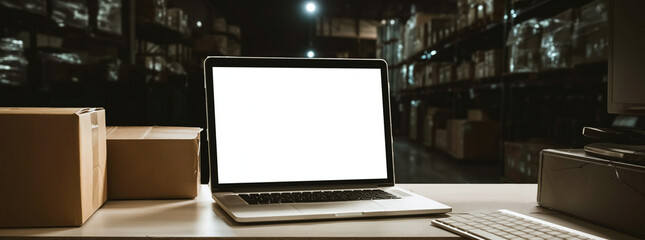 Fototapeta premium Laptop and shipping boxes sit on a desk in a dark warehouse for modern logistics operations