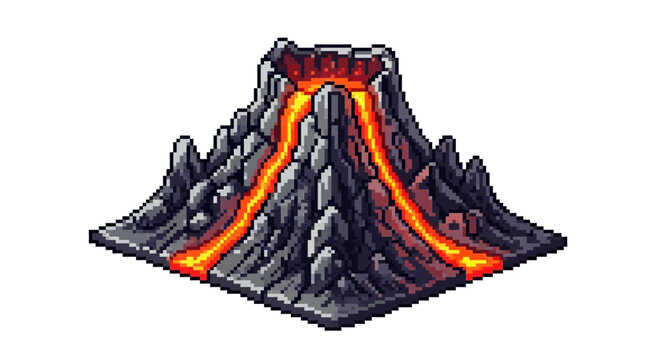 Isometric pixel art volcano erupting with lava flows.
