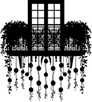 Black silhouette of a decorative balcony with window plants and hanging ornaments on white background