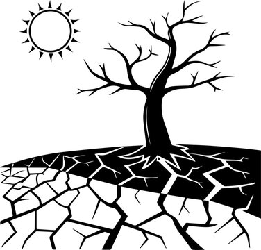 Black and White Vector Illustration of a Dead Tree in a Cracked Dry Soil Landscape Under a Hot Sun Representing Global Warming and Drought