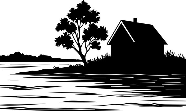 Black and White Vector Silhouette of a Small House and Tree by the Riverside in a Rural Landscape