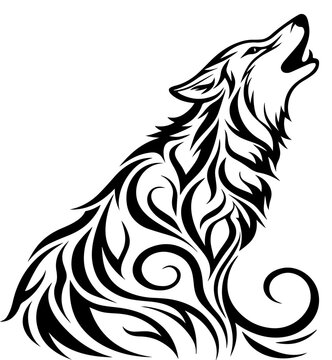 Tribal Style Howling Wolf Silhouette Vector Illustration Black and White Tattoo Design