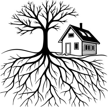 Bare Tree with Large Underground Root System and Small House Vector Illustration