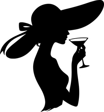 Elegant Woman Silhouette Wearing Wide Brim Hat and Holding Martini Glass Vector Illustration