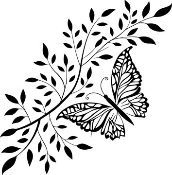Black and White Butterfly and Leafy Branch Vector Illustration for Crafting and Decorative Design
