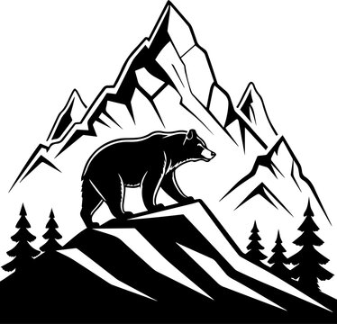 Wild Bear in Mountain Landscape Vector Illustration with Pine Trees