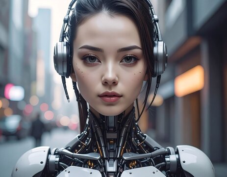 Cybernetic beauty stands amidst a blurry cityscape. Wires and metal replace the chest & shoulder area. Headphones sit on her head
