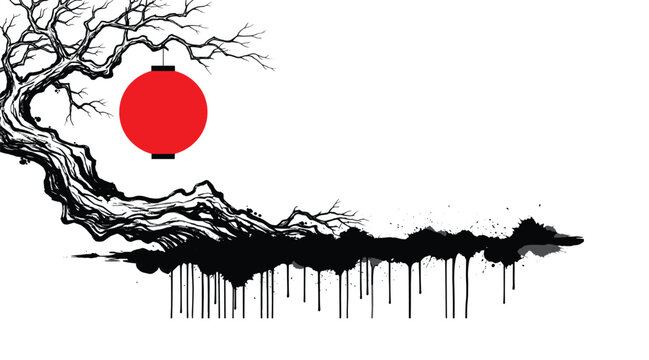 Spooky bare tree with red lantern and ink splash effect.