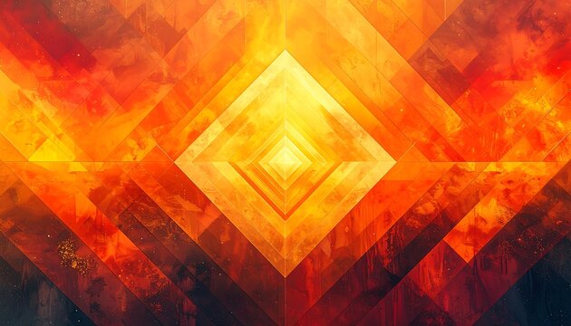 Geometric diamond pattern fades to bright center amidst fiery colors