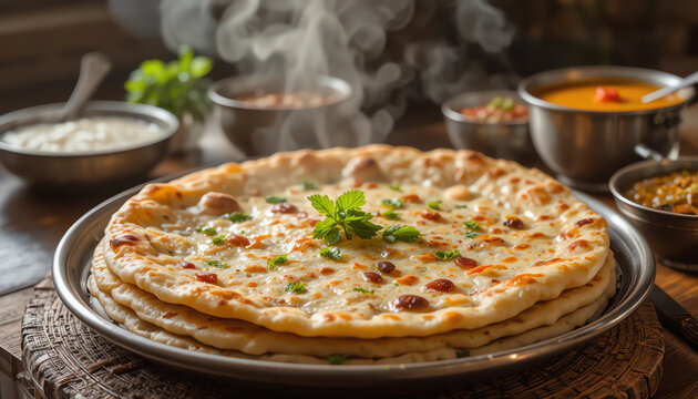 Fresh hot paratha with steam rising, traditional Pakistani breakfast scene