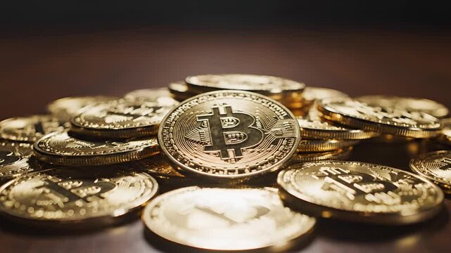Pile of Golden Bitcoin Cryptocurrency Coins.