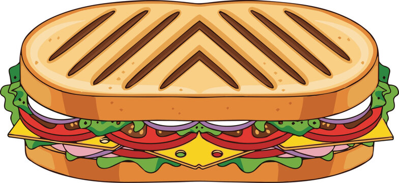 A grilled sandwich with lettuce, tomato, cheese, and ham is served on a plate indoors.