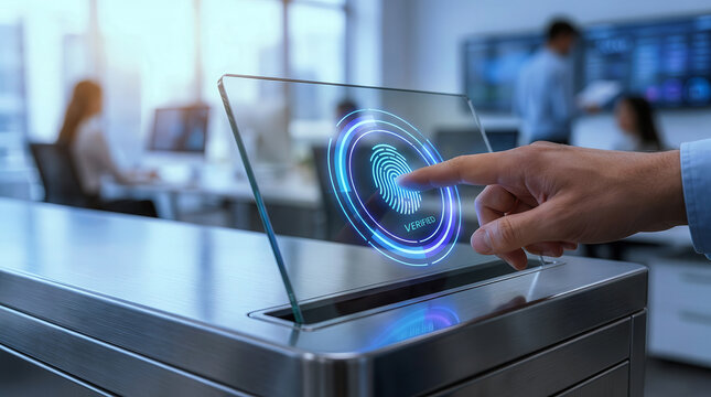 Hand touching laptop trackpad with blue biometric fingerprint scanner office background