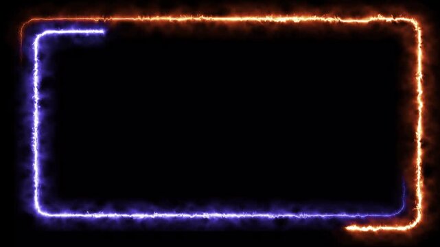Glowing Neon Electric Rounded Rectangle Frame Loop Animation Blue and Orange Energy Border on Black Background