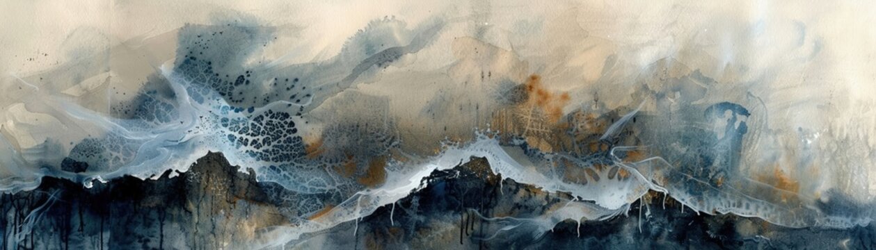 An abstract watercolor expression of a tumultuous storm raging over a rugged coastline  ,watercolor