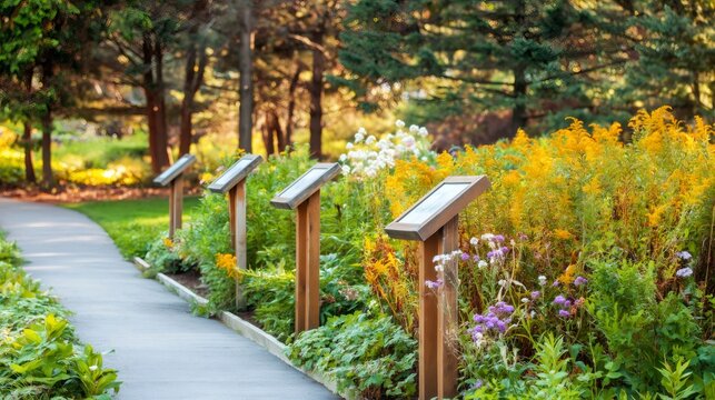 Path winding through botanical garden with interpretive signs