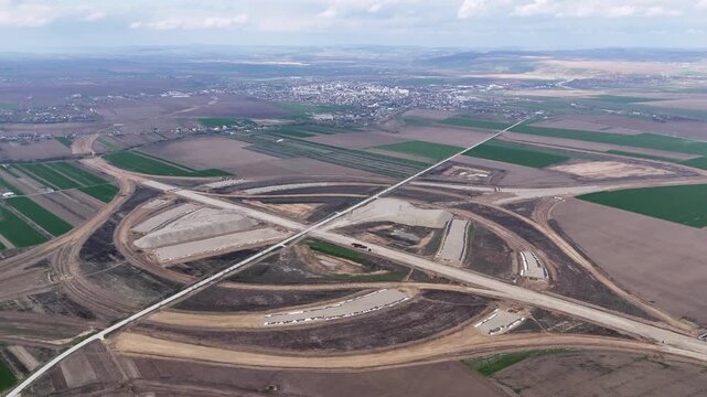 Highway Interchange construction site shows the future Romanian A7 and A8 highways near Pascani city